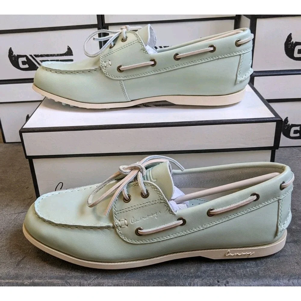 READ Canoos Golf Shoes Womens 11 Seafoam Green & White Leather Boat Shoe Loafer